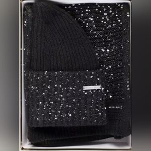 NEW MICHAEL MICHAEL KORS BLACK SEQUIN LINKS SCARF AND CUFF HAT BOX SET